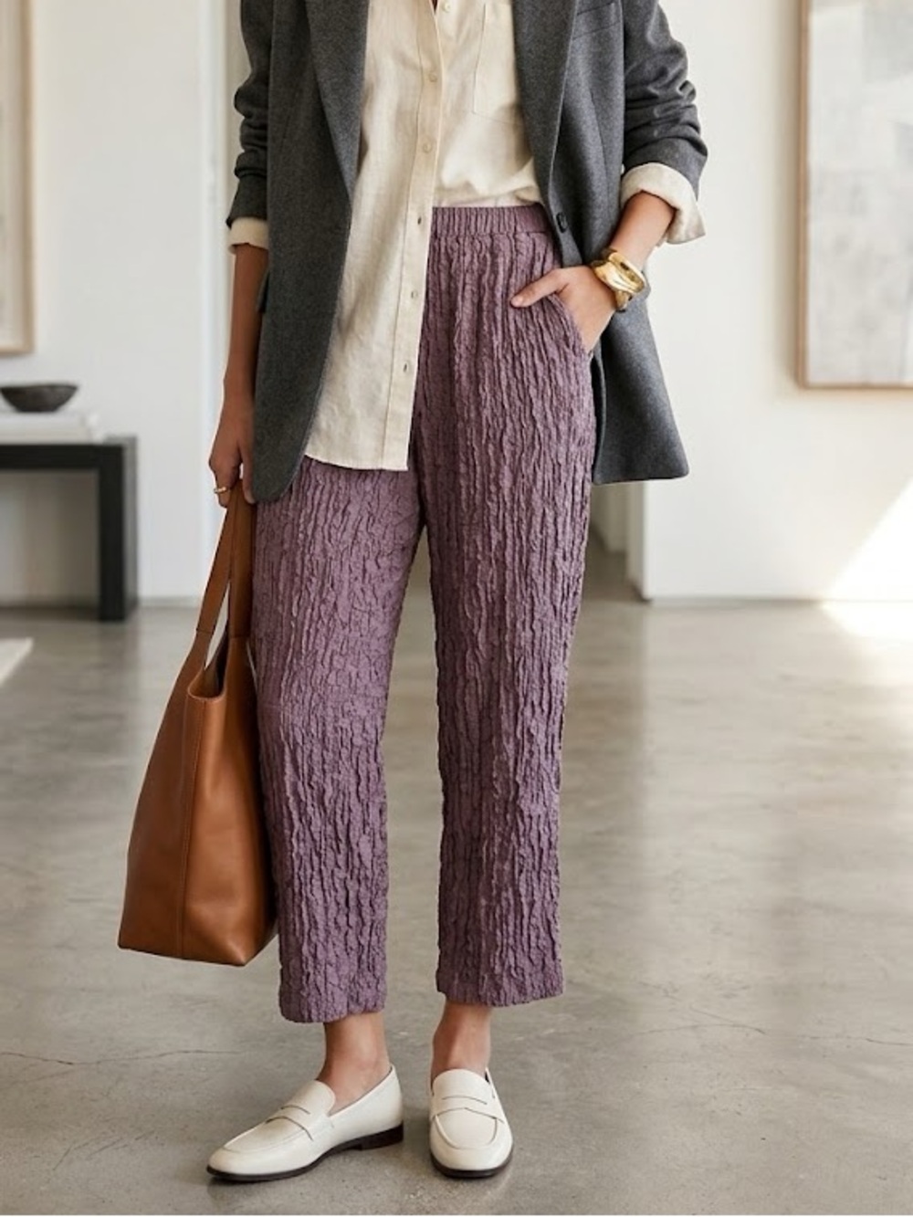 Zara Textured Straight-Leg Pants in Mauve size L